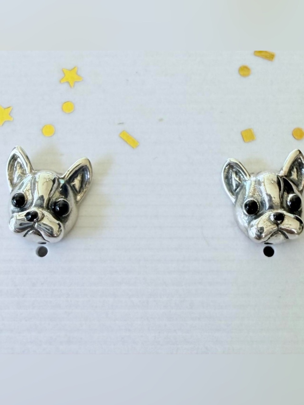 liberty Silver French Bulldog Head Stud Earrings with Black Eyes